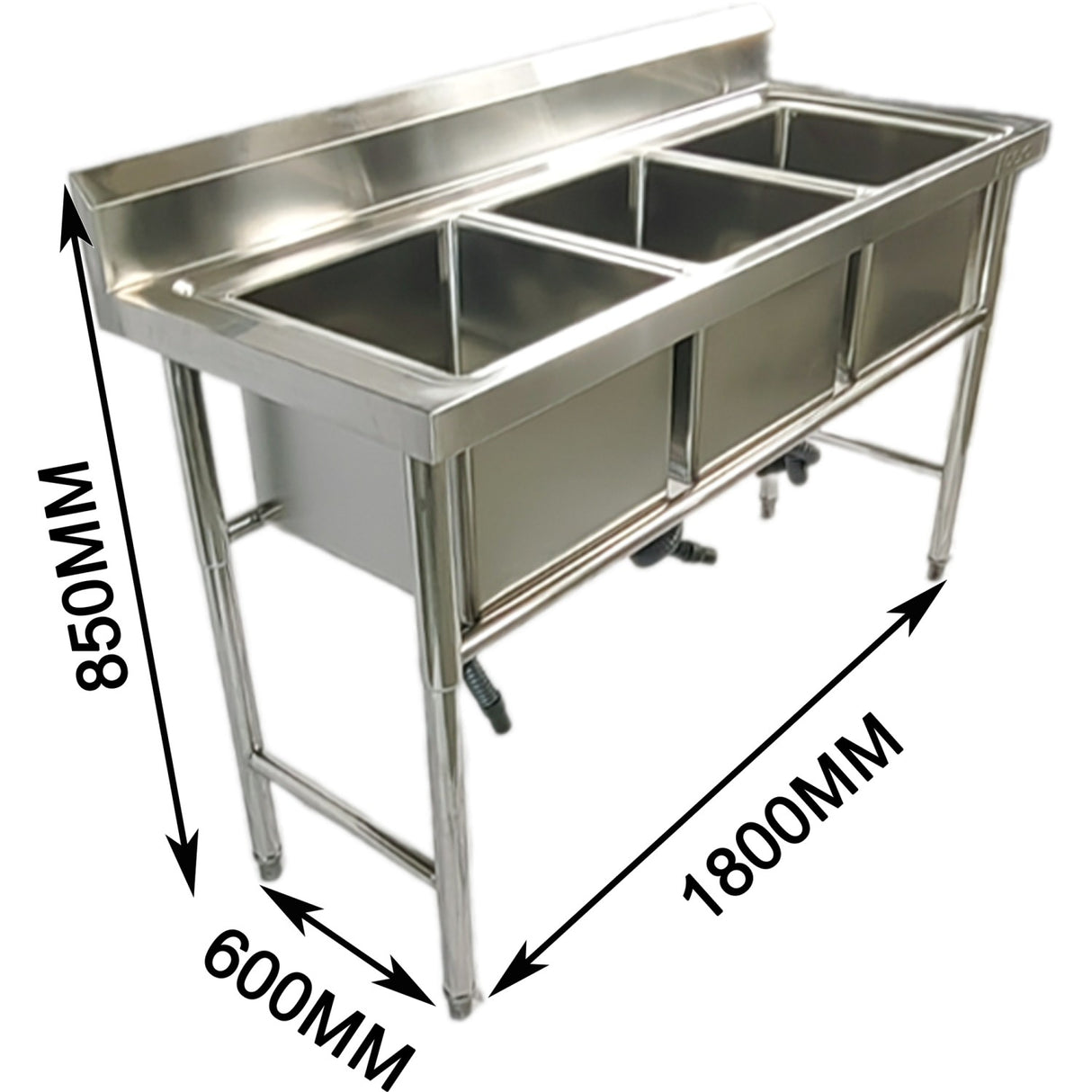 Commercial Stainless Steel Triple Sink With Splashback And Stand 1800x600x850mm | Qnh704