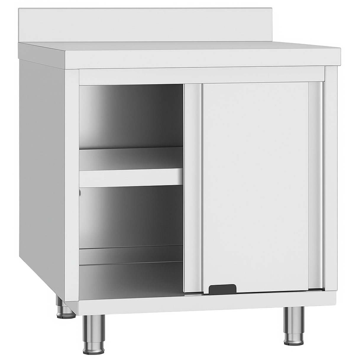 Commercial Stainless Steel Sliding Door Work Table Cabinet With Shelf And Backsplash 600x600x950mm | Qnh808