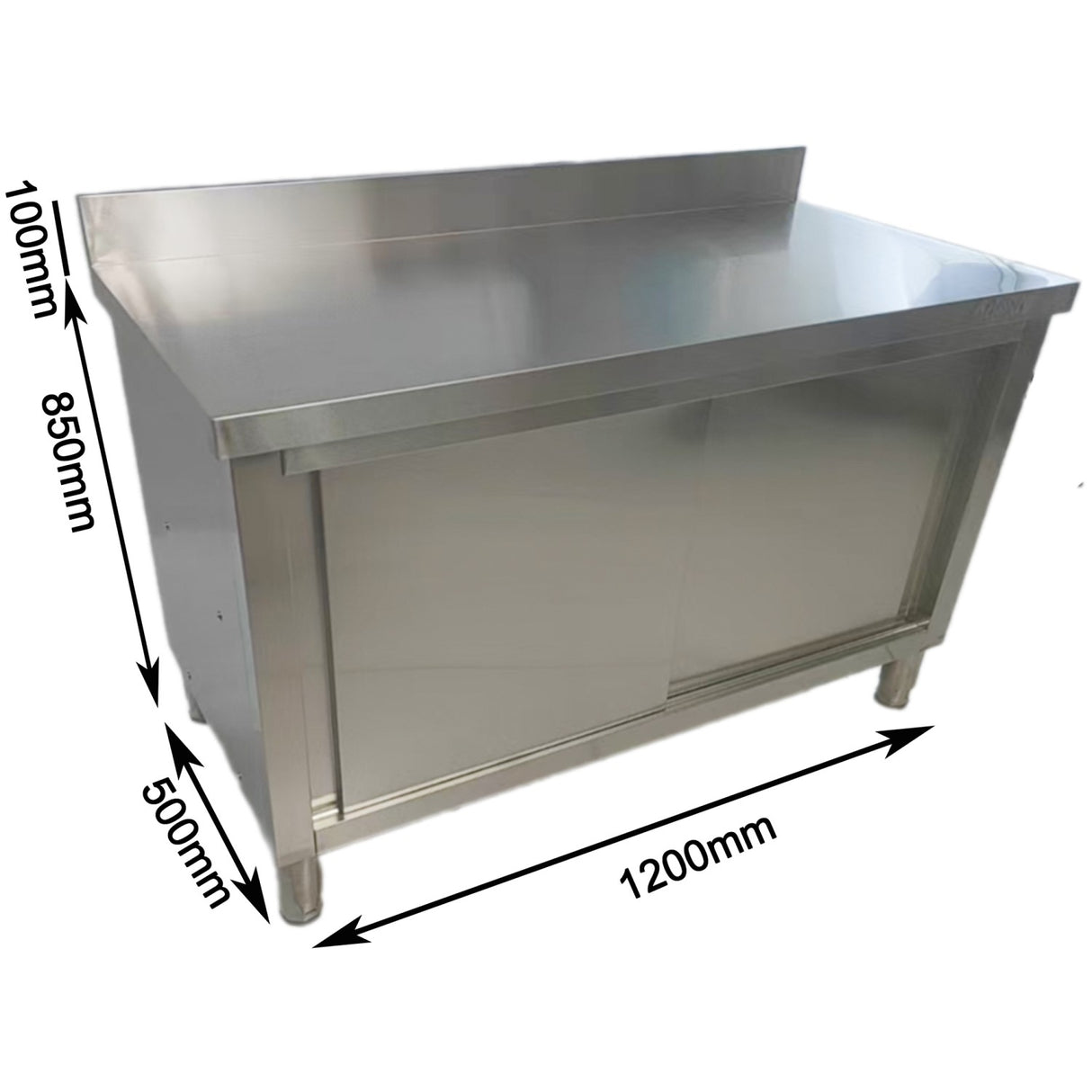 Commercial Stainless Steel Sliding Door Work Table Cabinet With Shelf And Backsplash 1200x500x950mm | Qnh838
