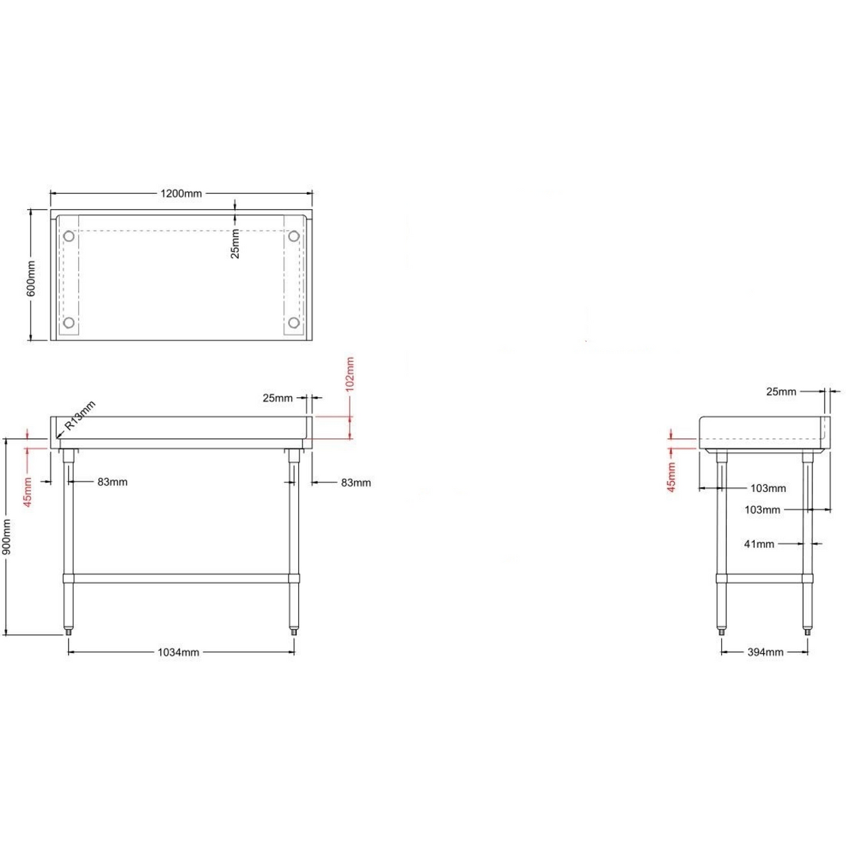 Bakery Work Table Wood Top 3 Sides Upstand 1200x600x900mm | Rwtg600 X1200100 Bsob