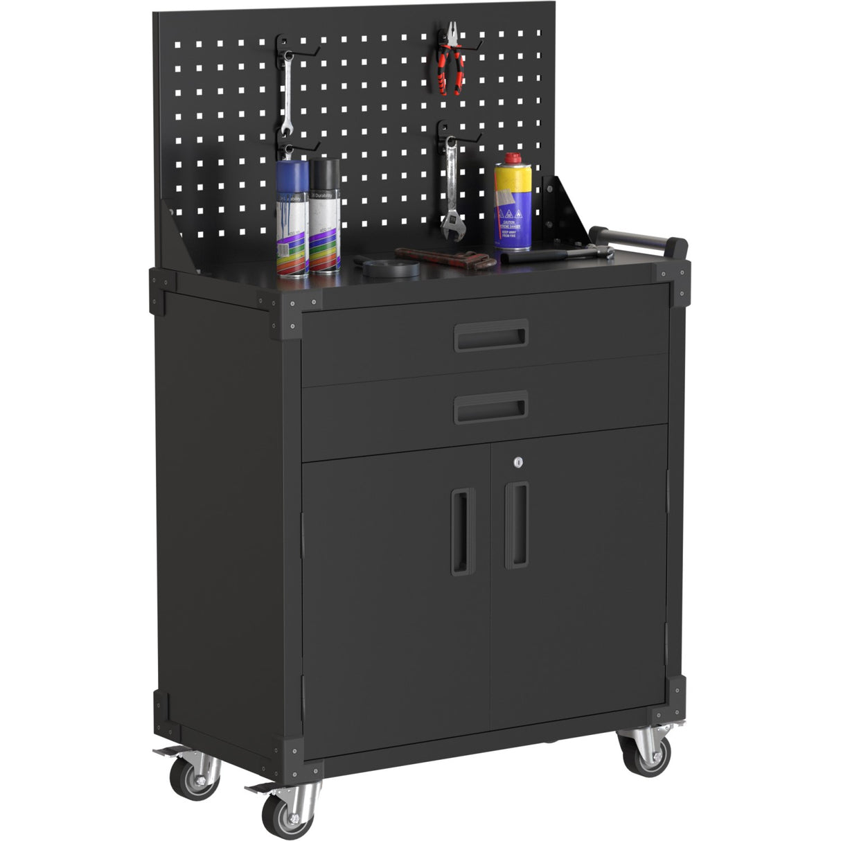 Professional Mobile Black 2 Door 2 Drawer Pegboard Steel Tool Cabinet 800x420x1320mm | Sart224