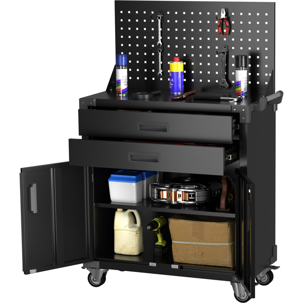 Professional Mobile Black 2 Door 2 Drawer Pegboard Steel Tool Cabinet 800x420x1320mm | Sart224