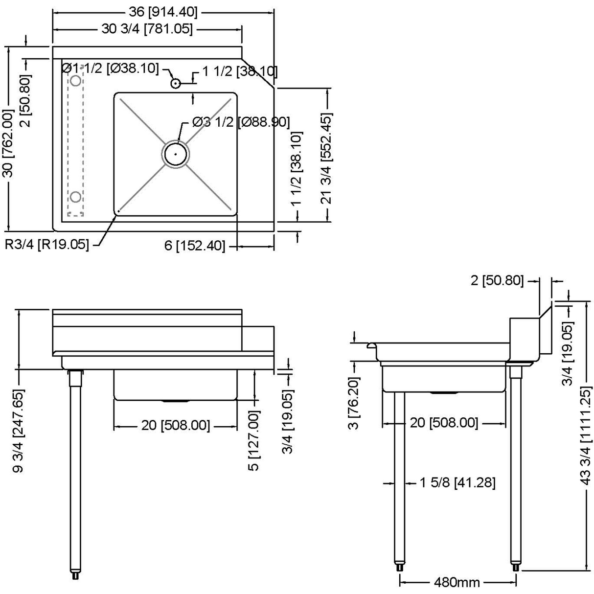 Commercial Stainless Steel Pass Through Dishwasher Table With Sink Left 914mm Width | Sdt36 L