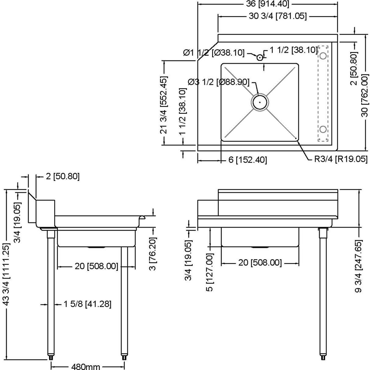 Commercial Stainless Steel Pass Through Dishwasher Table With Sink Right 914mm Width | Sdt36 R
