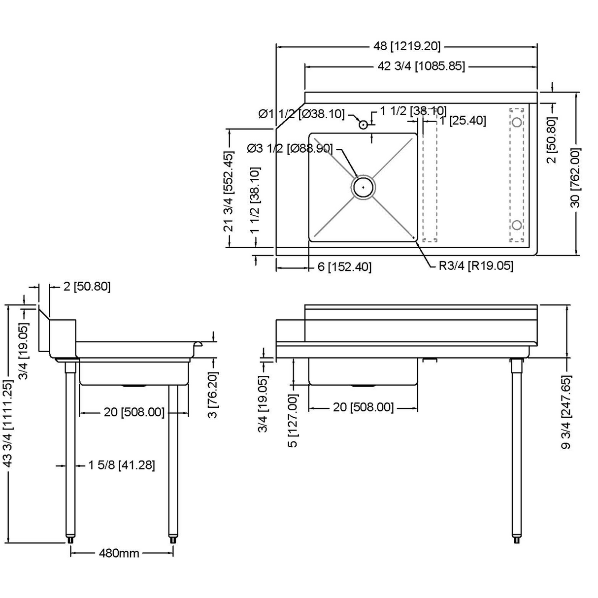 Commercial Stainless Steel Pass Through Dishwasher Table With Sink Right 1219mm Width | Sdt48 R