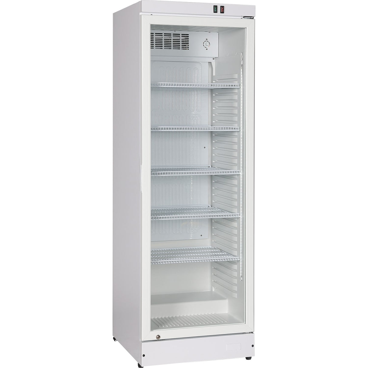 Commercial Upright Beverage Bottle Cooler 360 Litres Single Hinged Glass Door White 600x620x1860mm | Ssh50