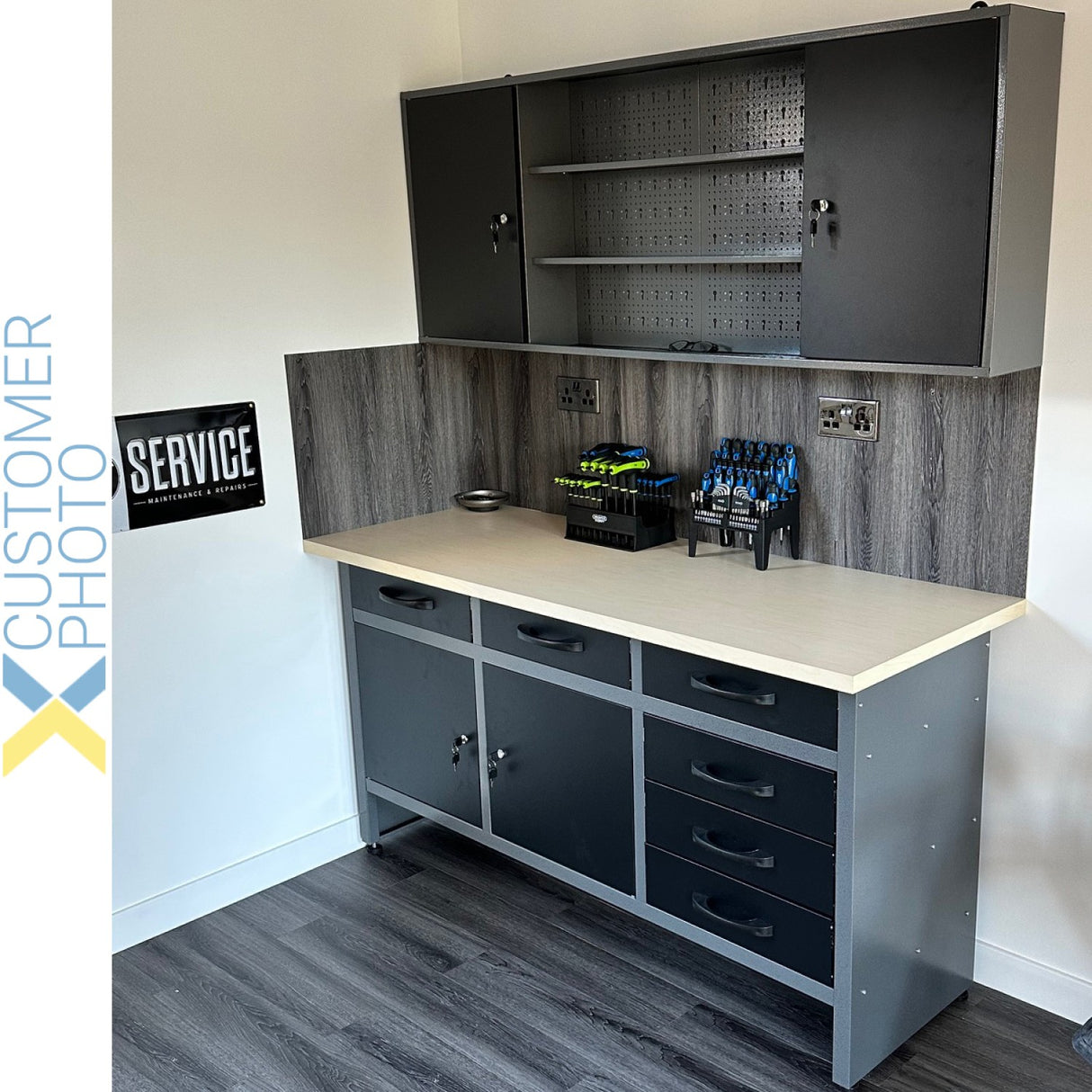 Professional Grey &Amp; Black Workshop Workbench With 30mm Wooden Desktop 6 Drawers &Amp; 2 Lockable Doors 1600x600x850mm | Tc008