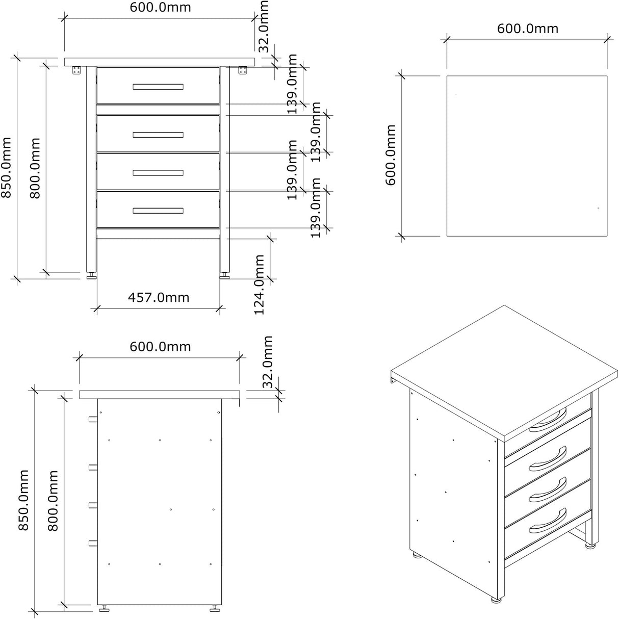 Professional Grey And Black Workshop Drawer Workbench With 30mm Wooden Desktop 600x600x850mm | Tc005