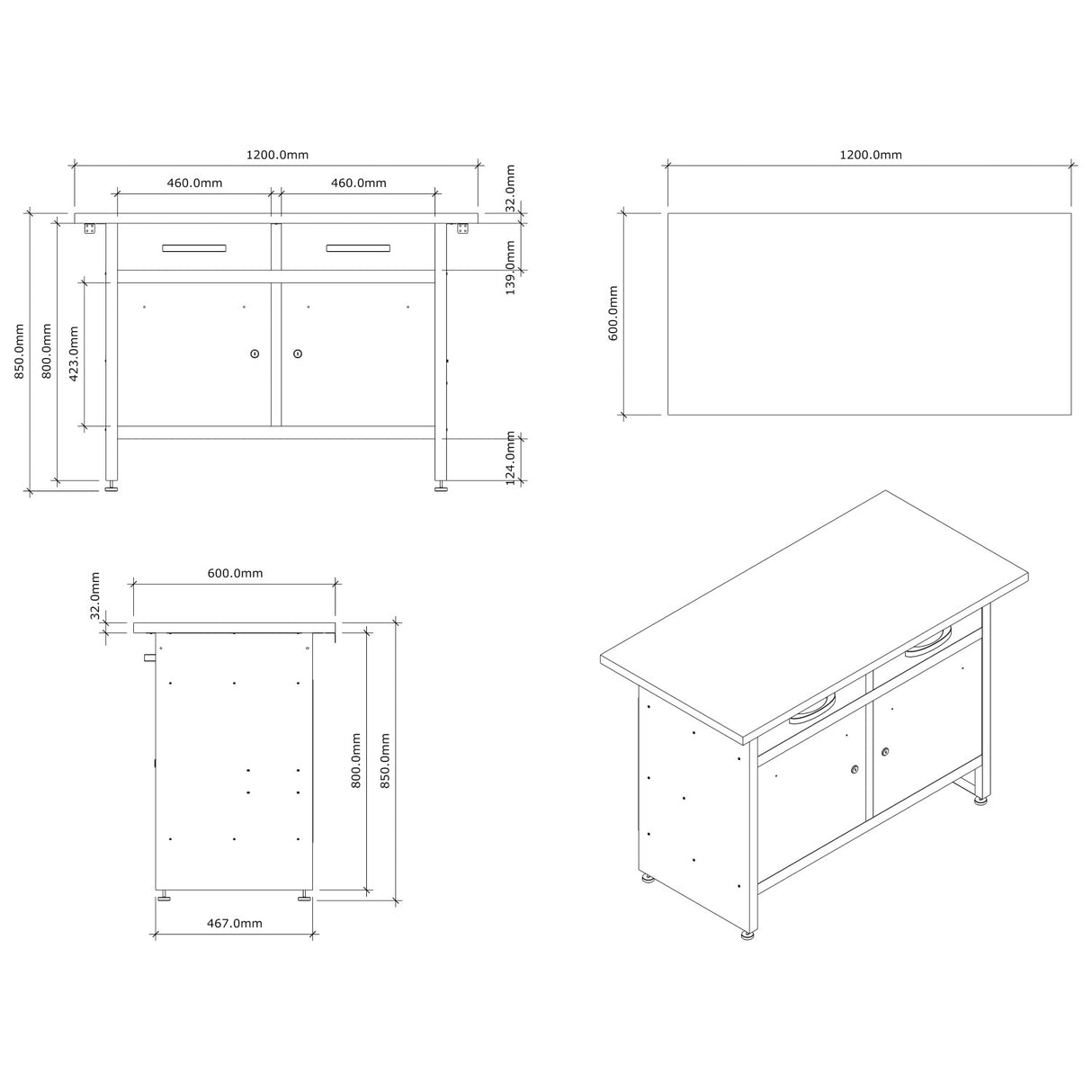 Professional Grey And Black Workshop Workbench With 30mm Wooden Desktop, Drawers And Lockable Doors 1200x600x850mm | Tc006