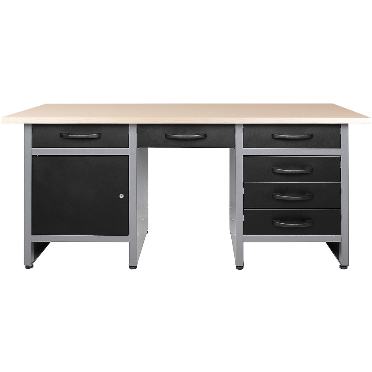 Professional Grey And Black Workshop Workbench With 30mm Wooden Desktop, 6 Drawers And Lockable Door 1600x600x850mm | Tc007