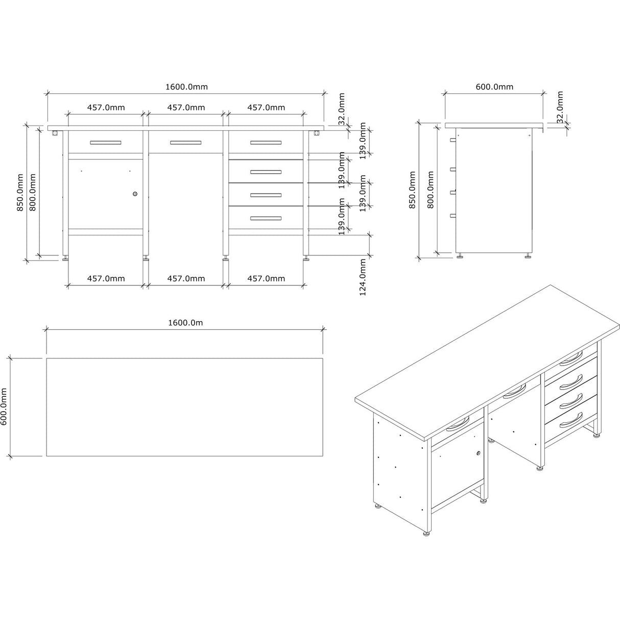 Professional Grey And Black Workshop Workbench With 30mm Wooden Desktop, 6 Drawers And Lockable Door 1600x600x850mm | Tc007