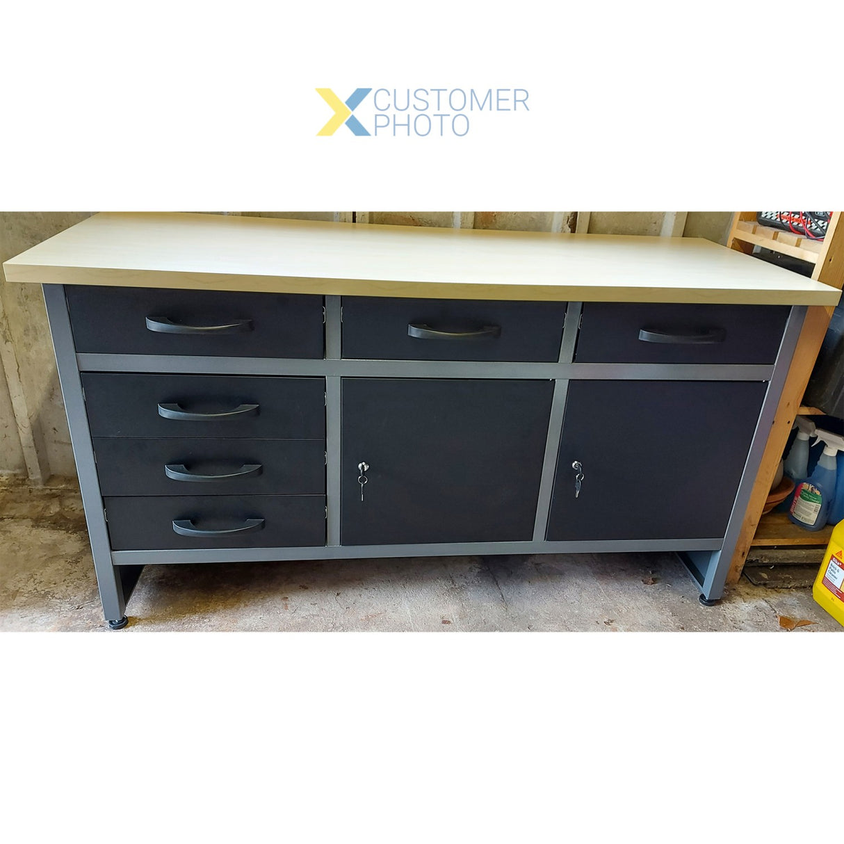 Professional Grey &Amp; Black Workshop Workbench With 30mm Wooden Desktop 6 Drawers &Amp; 2 Lockable Doors 1600x600x850mm | Tc008