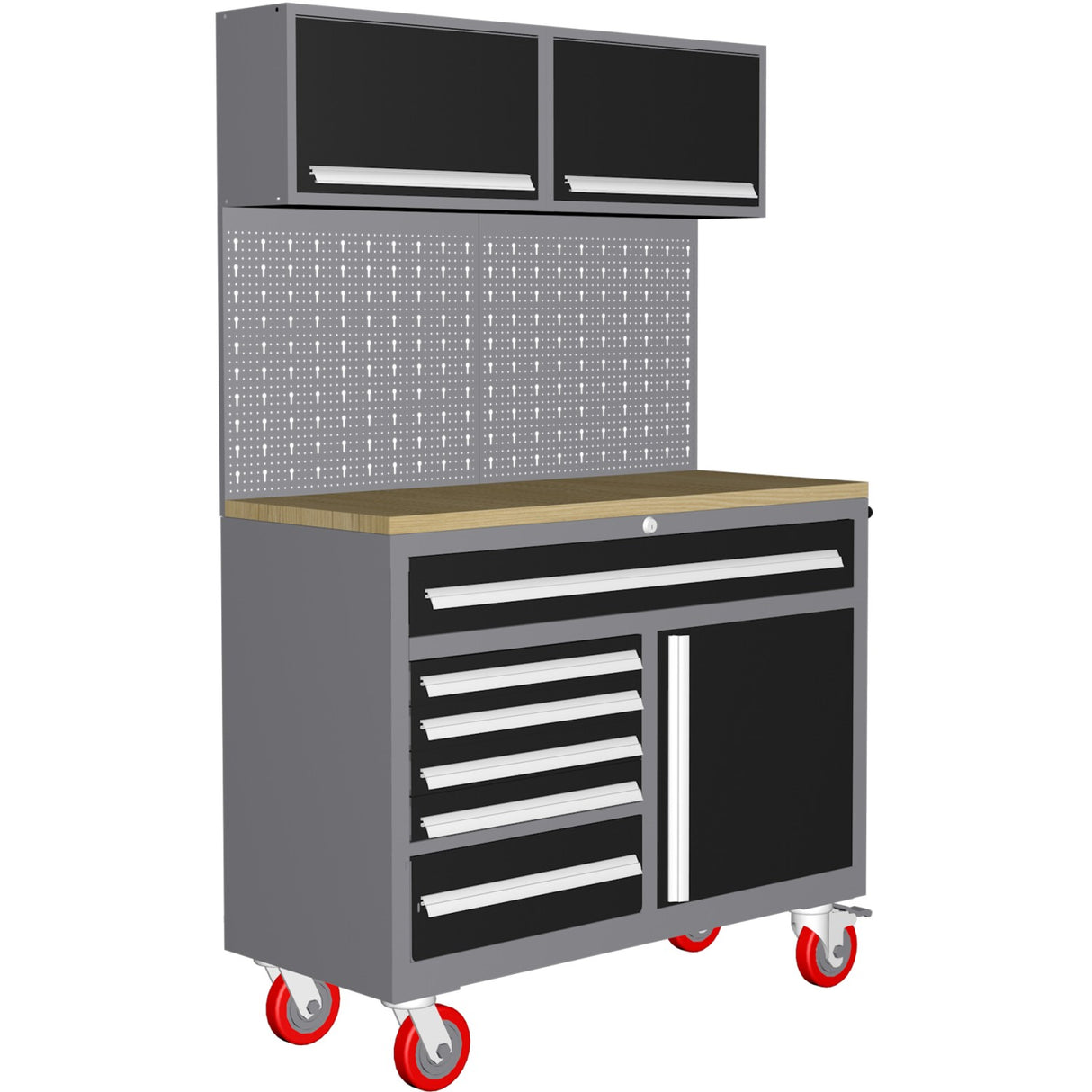 Garage Workstation Set With Wooden Desktop, 6 Drawers, 2 Top Tool Cabinets, And 1 Lower Cupboard, 1200x500x1870mm | Tc063