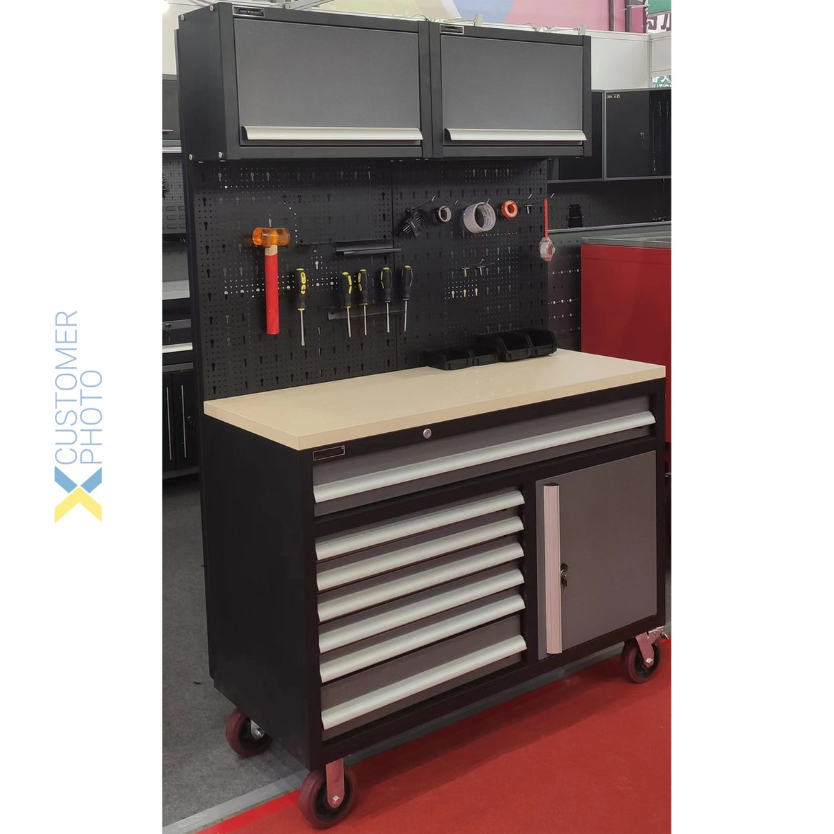 Garage Workstation Set With Wooden Desktop, 6 Drawers, 2 Top Tool Cabinets, And 1 Lower Cupboard, 1200x500x1870mm | Tc063