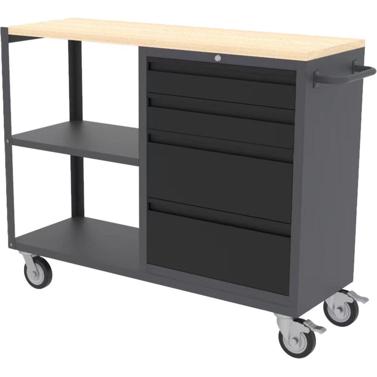 Professional Mobile Grey And Black Tool Cabinet With 4 Drawers And 2 Shelves Wooden Worktop 1480x500x1000mm | Tc097