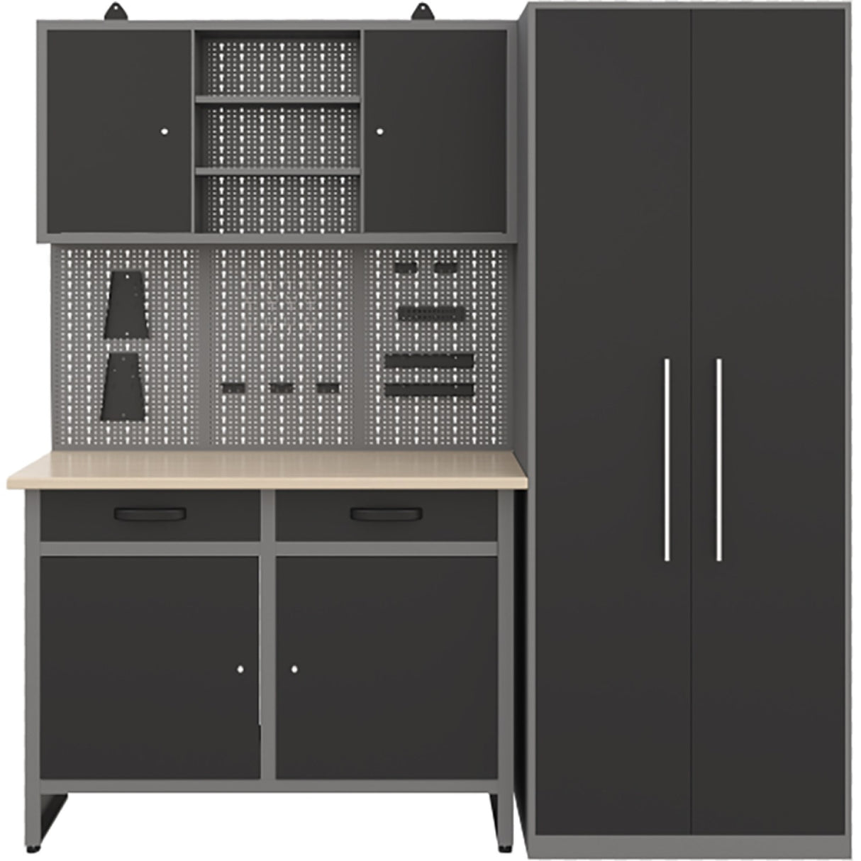 Garage Workstation Set With Wooden Desktop, 5 Drawers, 2 Cupboards, And 1 Cabinet, 2100x600x2050 | Tc117