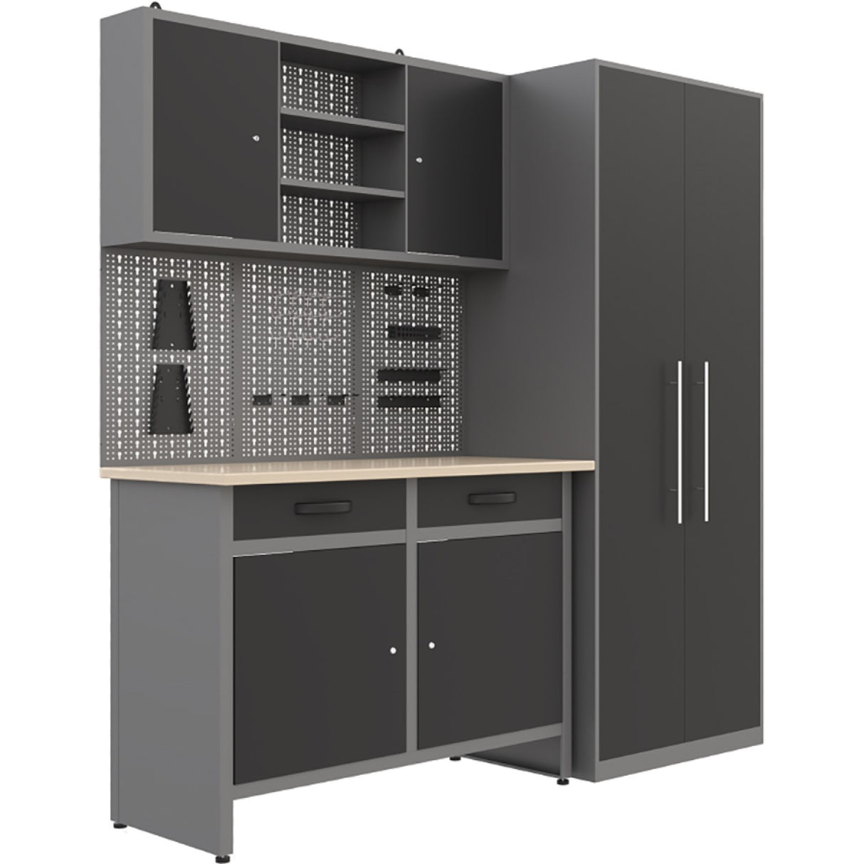 Garage Workstation Set With Wooden Desktop, 5 Drawers, 2 Cupboards, And 1 Cabinet, 2100x600x2050 | Tc117
