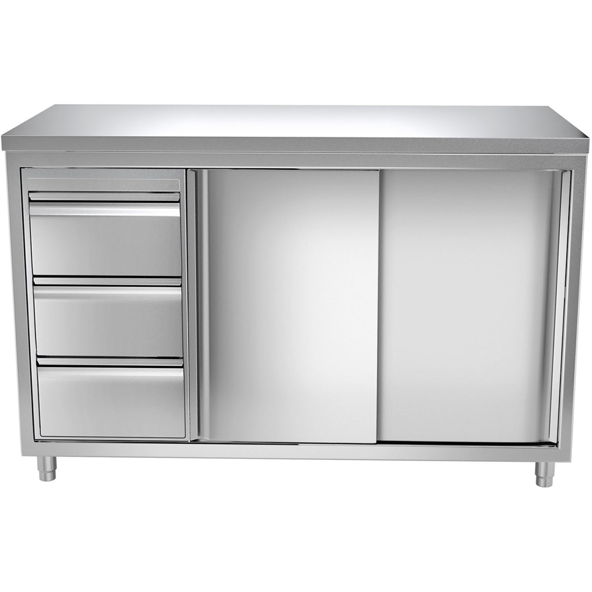 Commercial Worktop Floor Cupboard 3 Drawers Left 2 Sliding Doors Stainless Steel Width 1600x600x850mm | Vtc166 L3