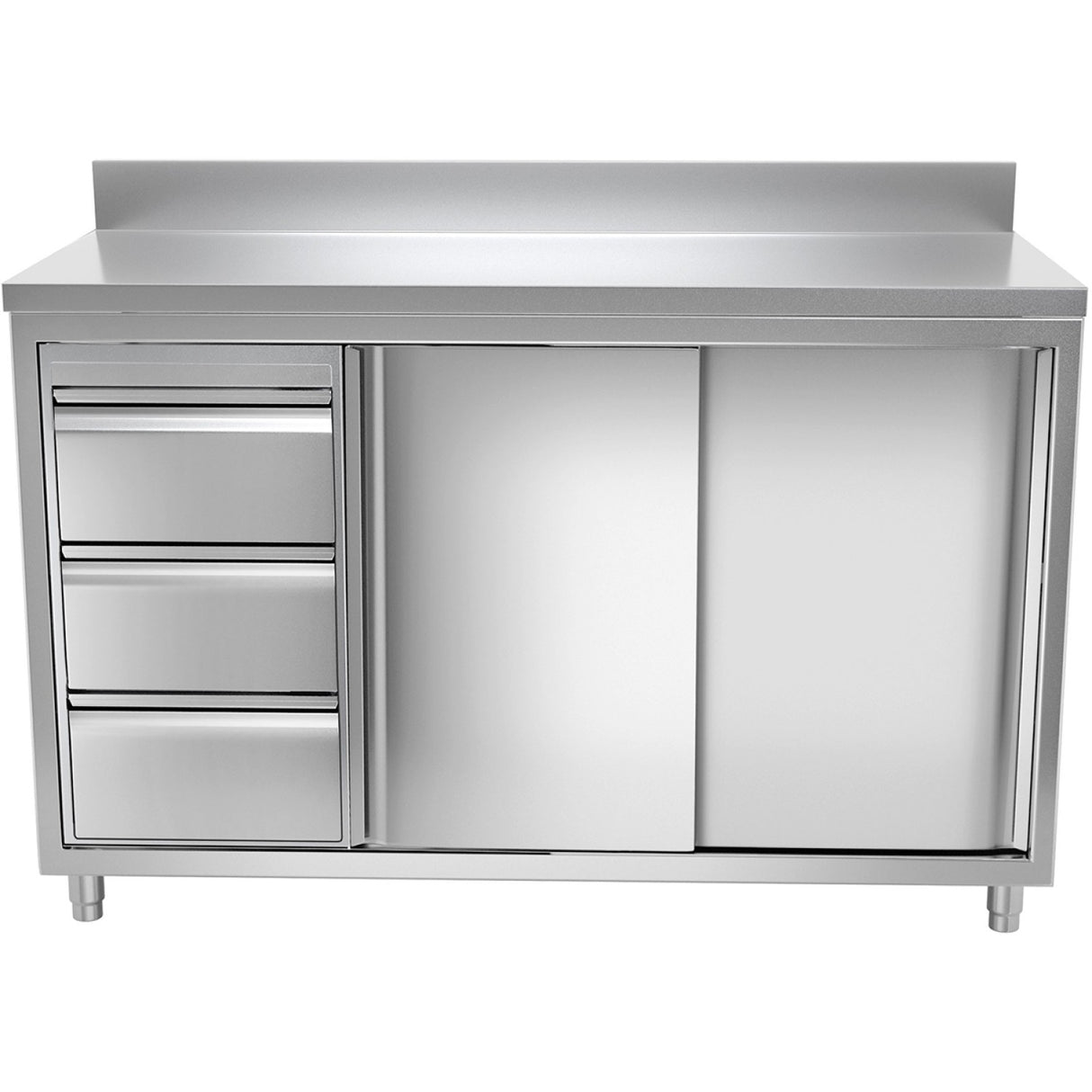 Commercial Worktop Floor Cupboard 3 Drawers Left 2 Sliding Doors Stainless Steel Width 1600mm Depth 700mm Upstand | Thasr167 L3 A