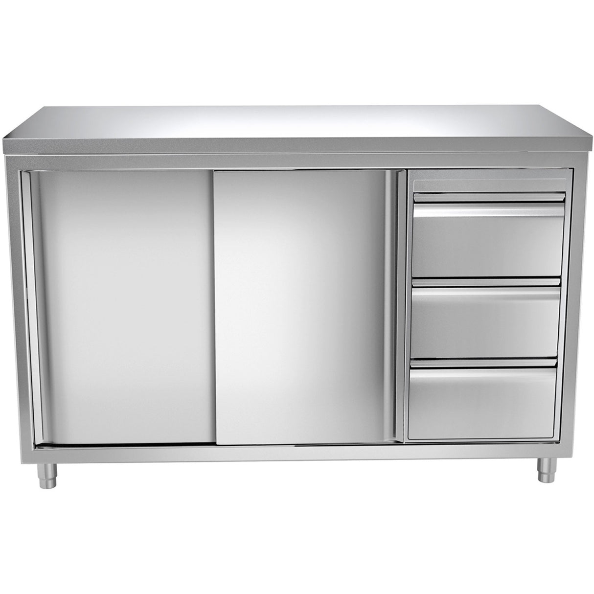 Commercial Worktop Floor Cupboard 3 Drawers Right 2 Sliding Doors Stainless Steel Width 1600x600x850mm | Vtc166 R3