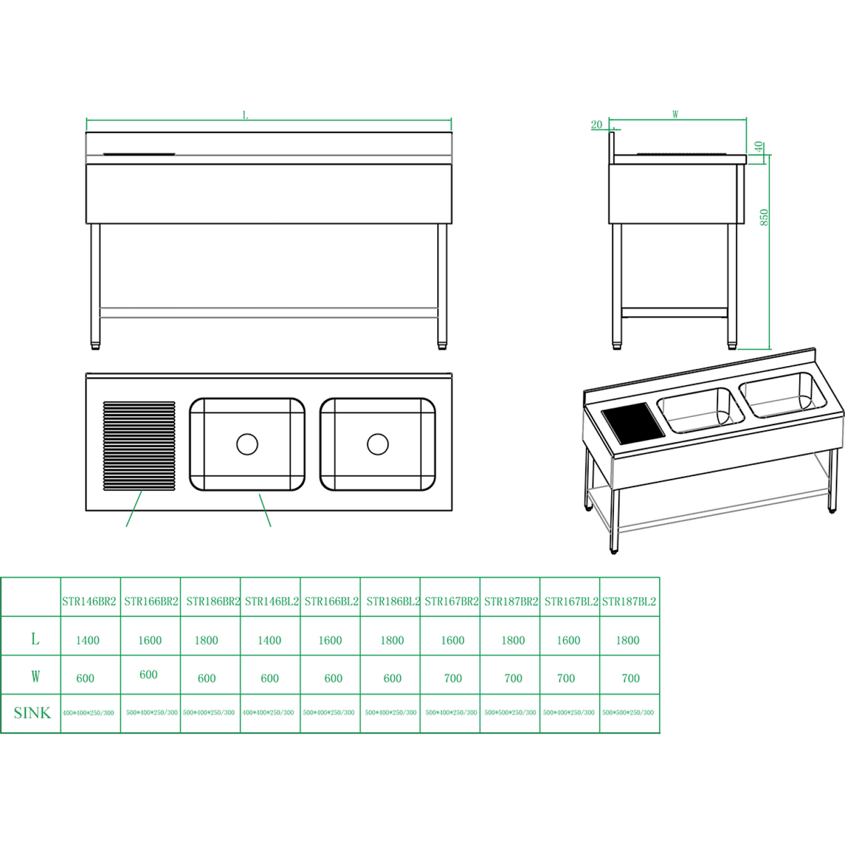Commercial Sink Stainless Steel 2 Bowls Right Bottom Shelf Splashback 1400mm Depth 600mm | Thstr146 Br2