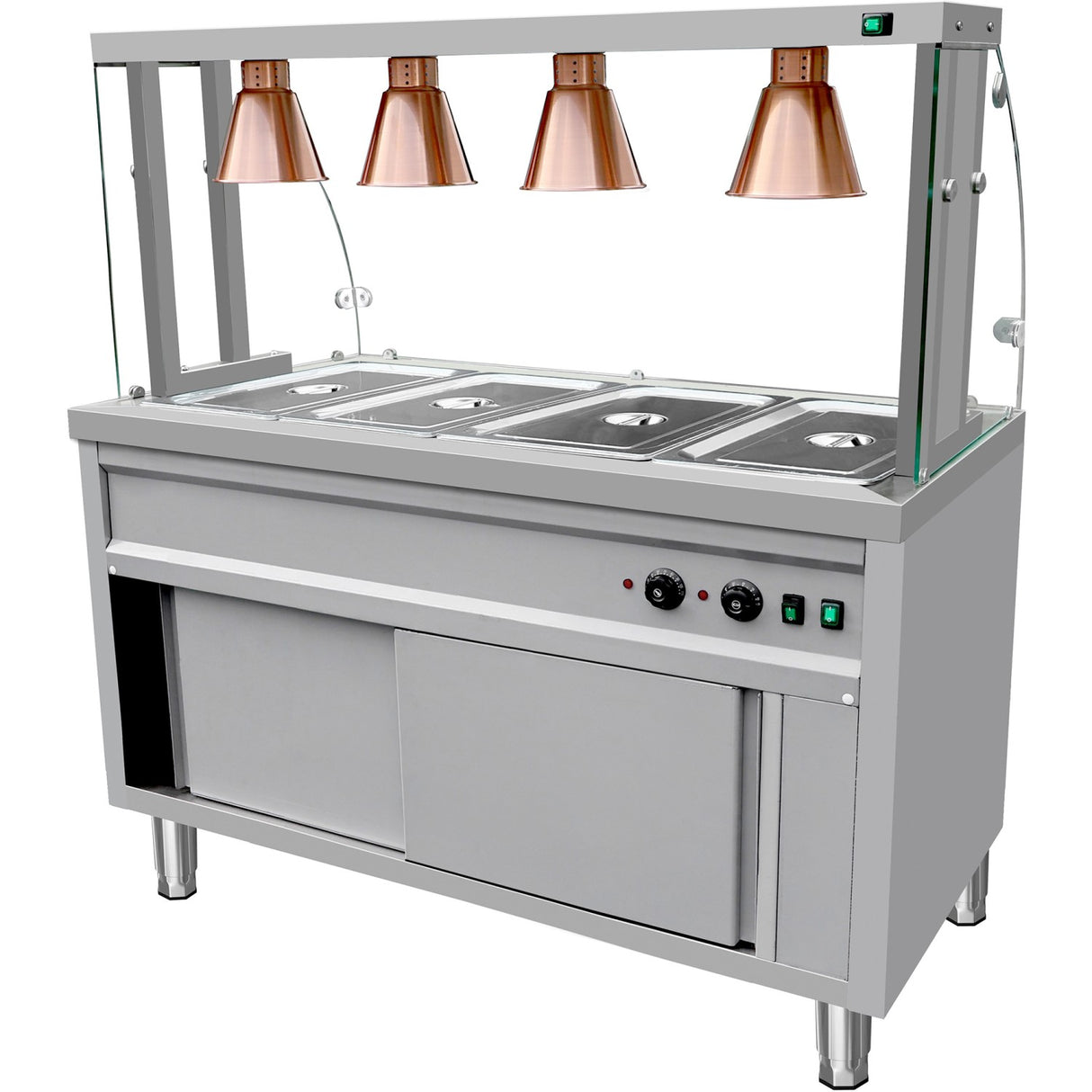 Commercial Bain Marie With Cabinet 4×Gn1/1 Curved Glass Display And 4 Heat Lamps 1470x700x1450mm | Vbmgn4 Aen
