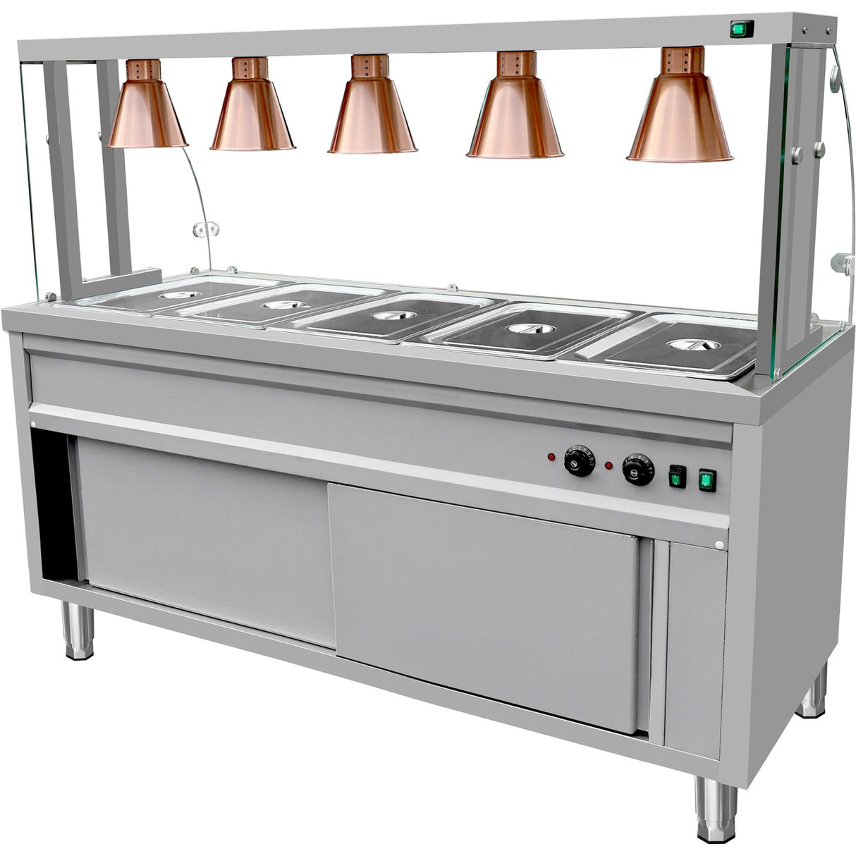 Commercial Bain Marie With Cabinet 5×Gn1/1 Curved Glass Display And 5 Heat Lamps 1800x700x1450mm | Vbmgn5 Aen