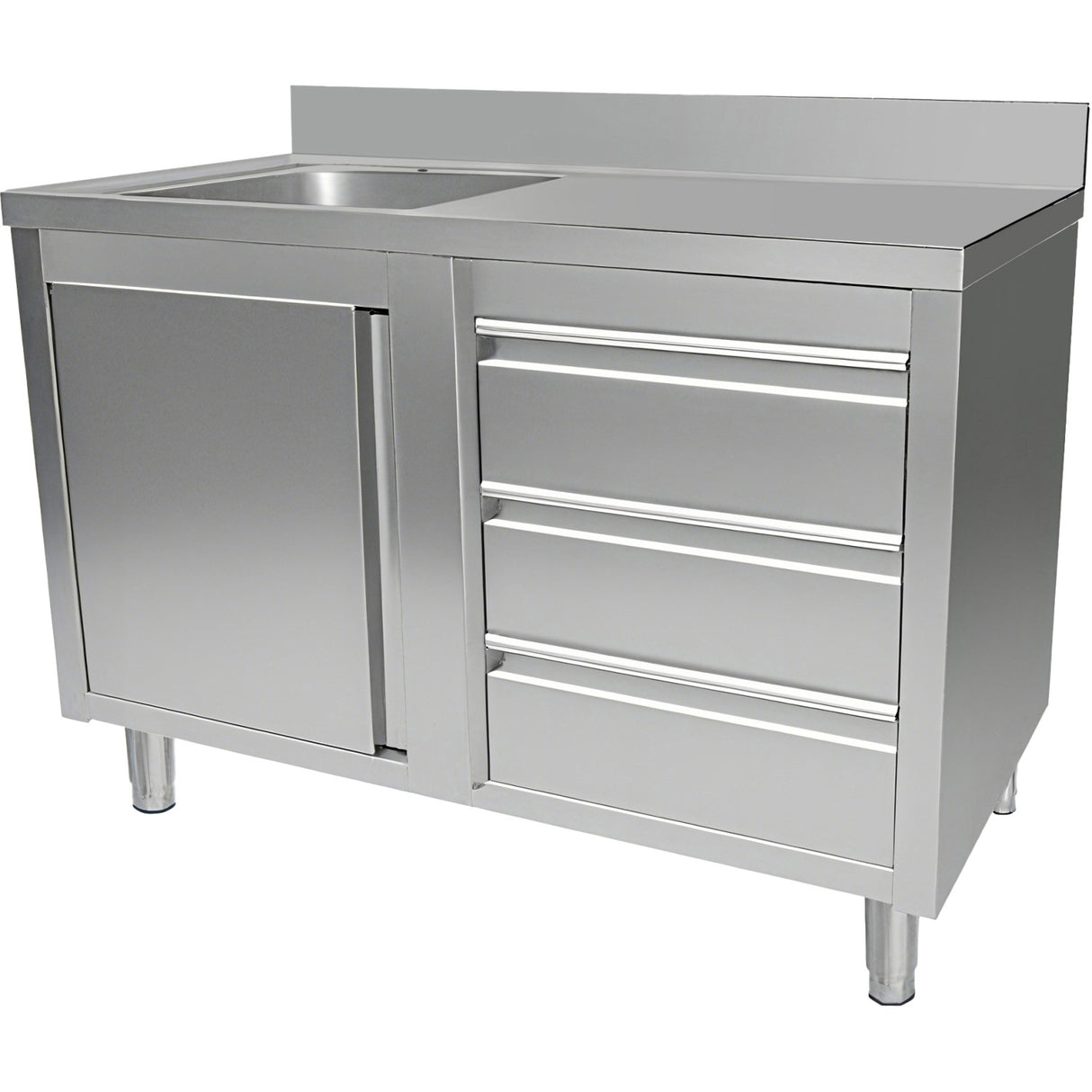 Commercial Sink With Cupboard And 3 Drawers Stainless Steel 1 Bowl Left Splashback 1200x600x950mm | Vsc126 Lbs3 Rd