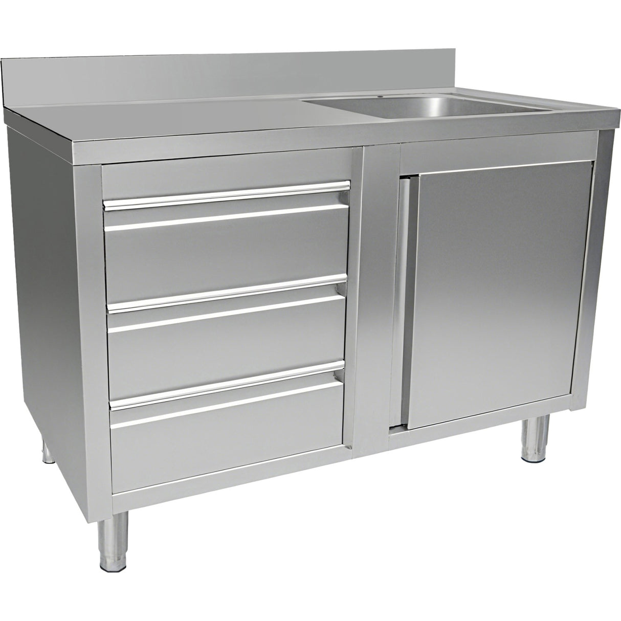 Commercial Sink With Cupboard And 3 Drawers Stainless Steel 1 Bowl Right Splashback 1200x600x950mm | Vsc126 Rbs3 Ld