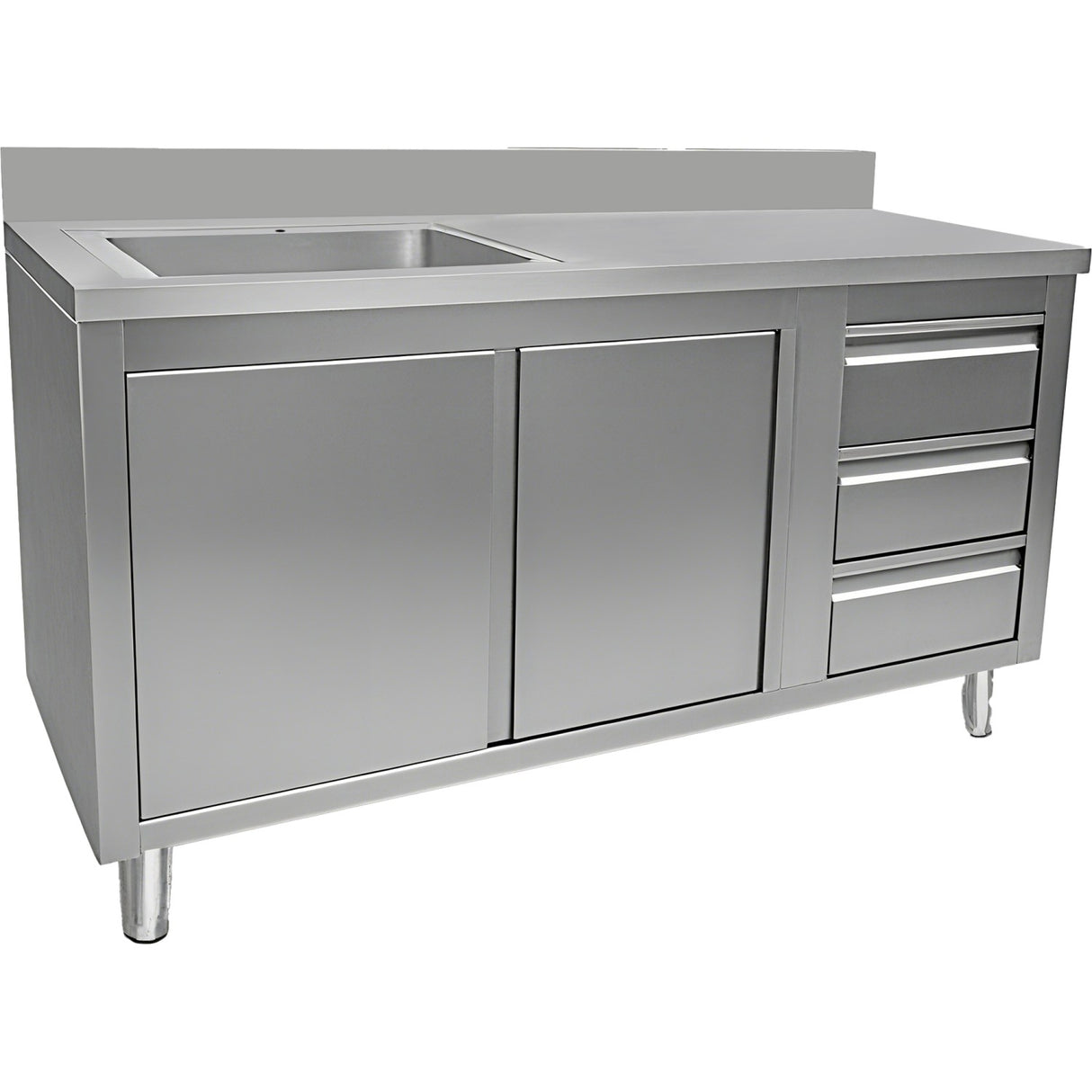 Commercial Sink With Cupboard And 3 Drawers Stainless Steel 1 Bowl Left Splashback 1500x600x950mm | Vsc156 Lbs3 Rd