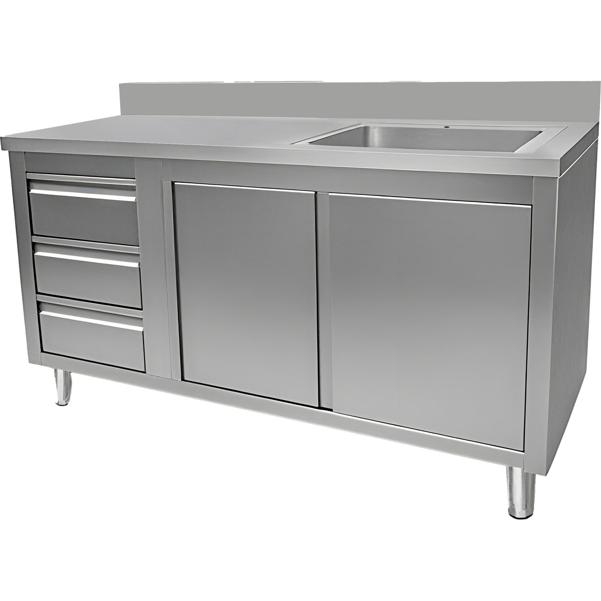 Commercial Sink With Cupboard And 3 Drawers Stainless Steel 1 Bowl Right Splashback 1500x600x950mm | Vsc156 Rbs3 Ld