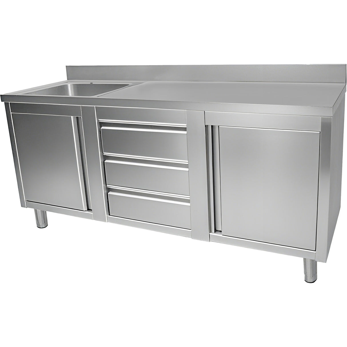 Commercial Sink With 2 Cupboards And 3 Drawers Stainless Steel 1 Bowl Left Splashback 2100x600x950mm | Vsc216 Lbs3 Md