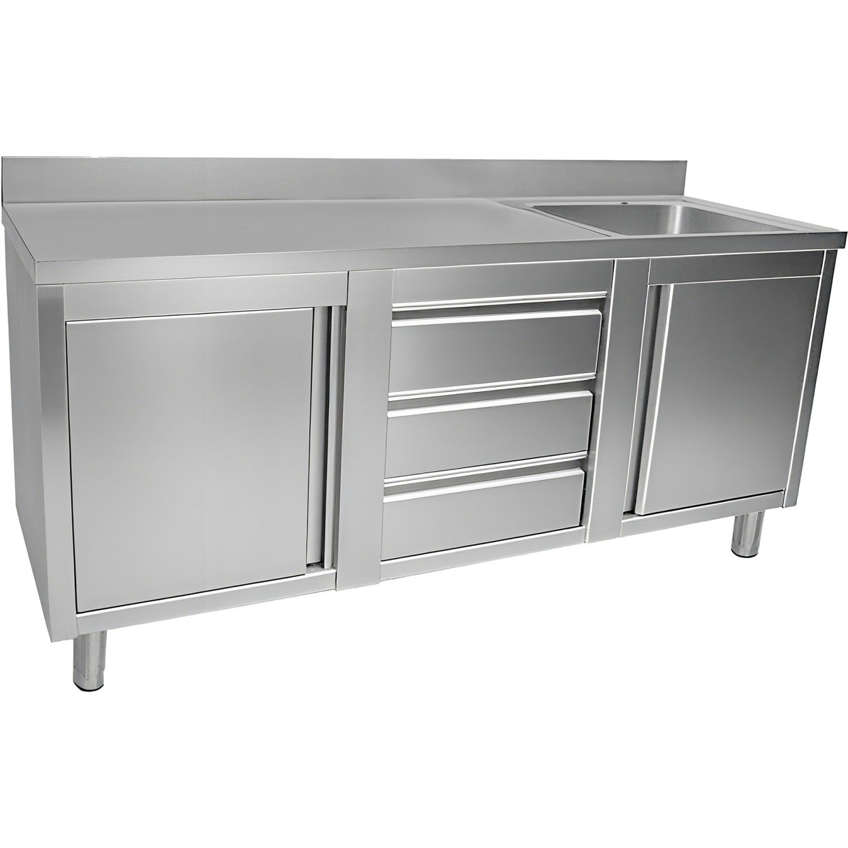Commercial Sink With 2 Cupboards And 3 Drawers Stainless Steel 1 Bowl Right Splashback 1800x600x950mm | Vsc186 Rbs3 Md