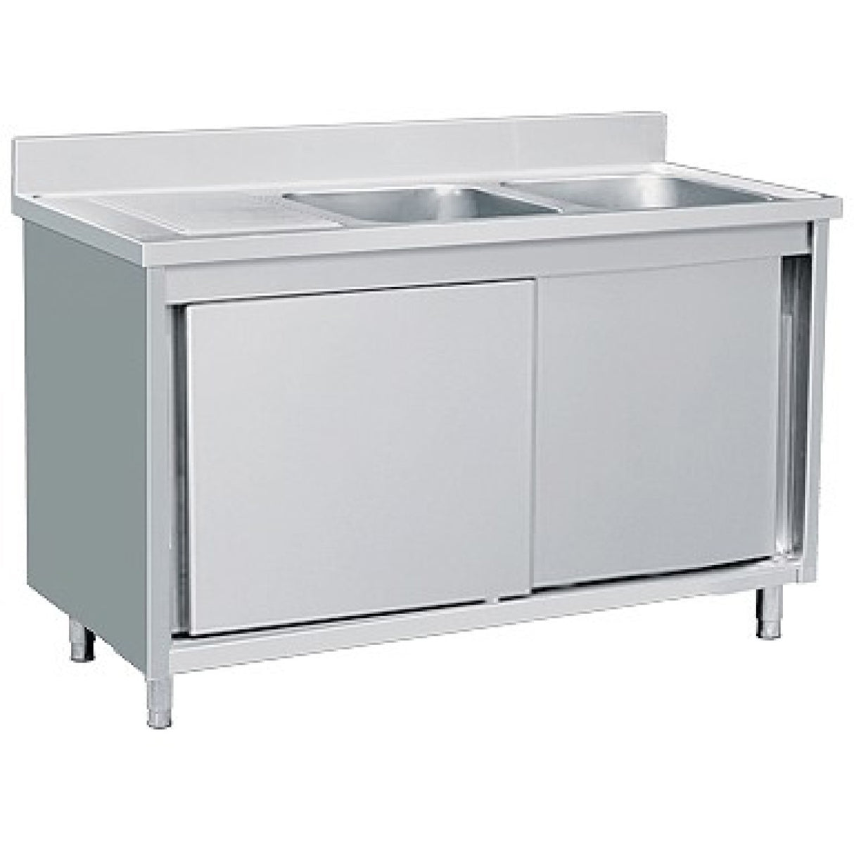 Commercial Sink With Cupboard Stainless Steel 2 Bowls Right Splashback 1800x700x950mm | Vsc187 Rbt