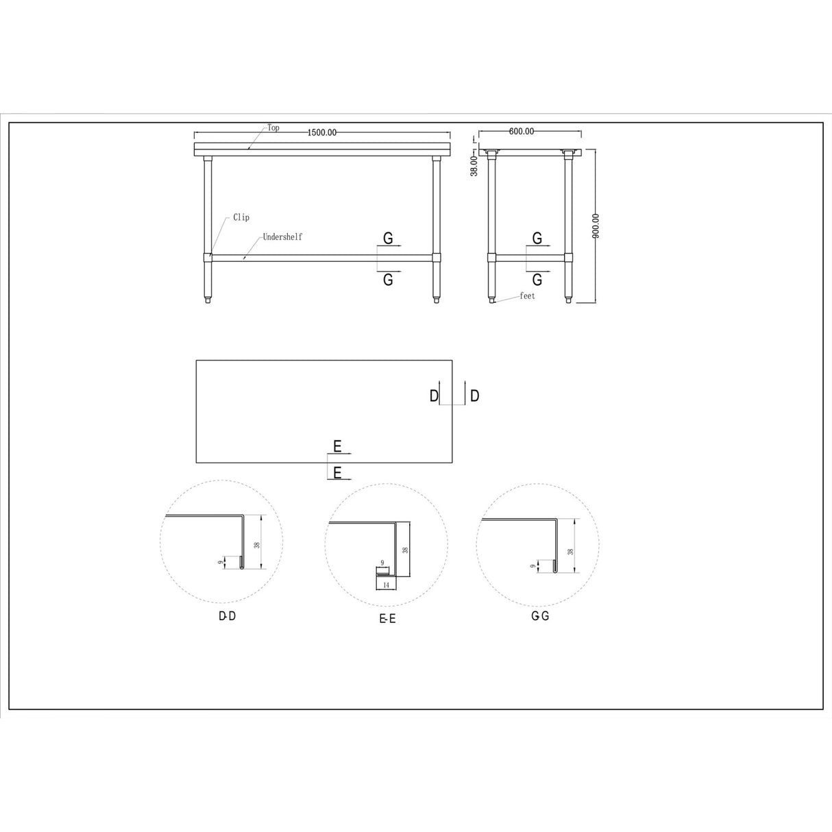 Commercial Stainless Steel Work Table Bottom Shelf Upstand 1500x600x900mm | Wt60150 Gb