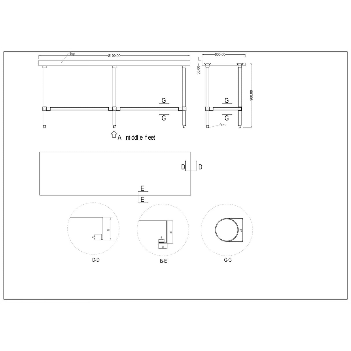 Commercial Stainless Steel Work Table No Bottom Shelf With Upstand 2100x600x900mm | Wt60210 Gbnu