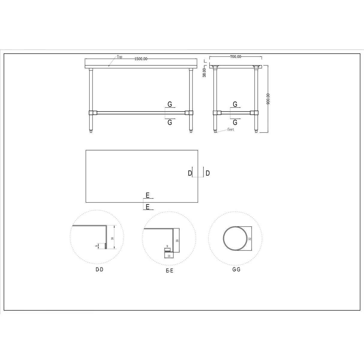 Commercial Stainless Steel Work Table No Bottom Shelf With Upstand 1500x700x900mm | Wt70150 Gbnu