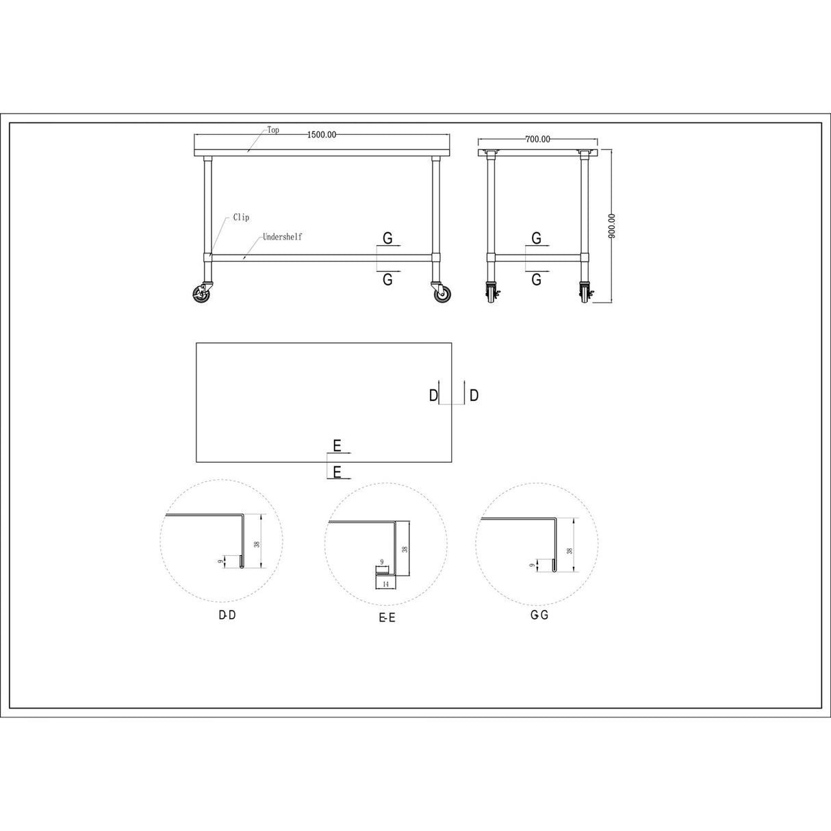 Commercial Mobile Stainless Steel Work Table Bottom Shelf 1500x700x900mm | Wt70150 Gmobile