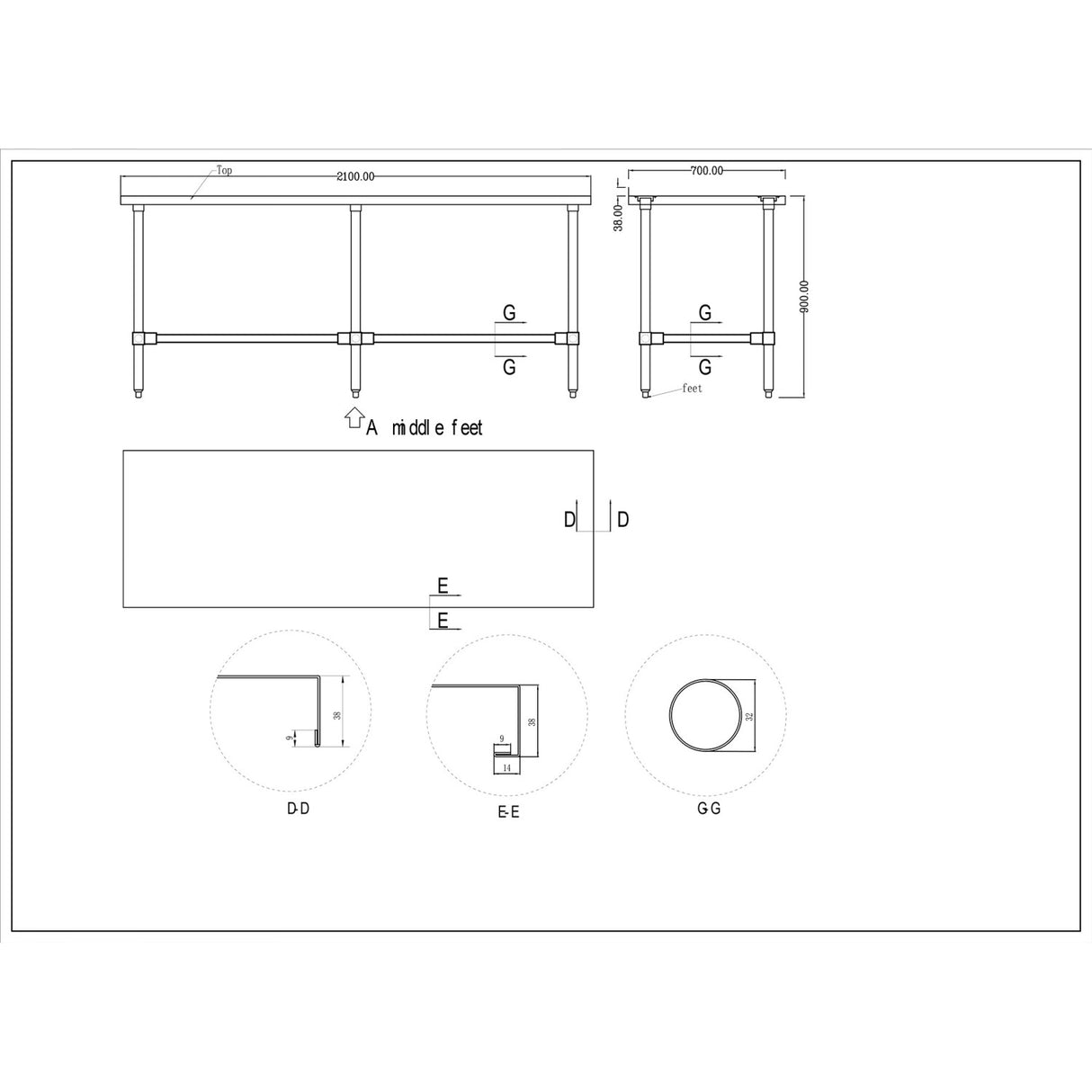 Commercial Stainless Steel Work Table No Bottom Shelf With Upstand 2100x700x900mm | Wt70210 Gbnu