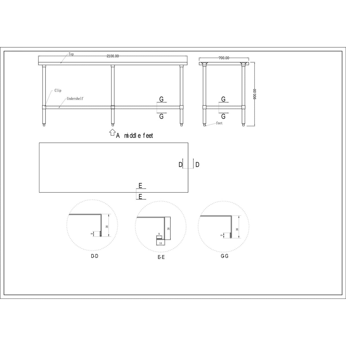 Commercial Stainless Steel Work Table Bottom Shelf 2100x700x900mm | Wt70210 G