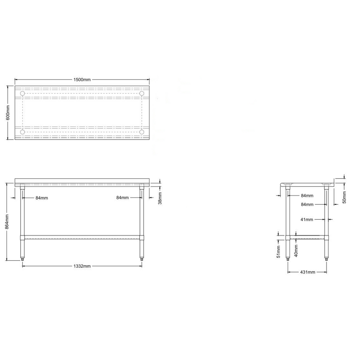 Commercial Work Table Stainless Steel Rear Upstand Bottom Shelf 1500x600x900mm | Wtg600 X150050 R