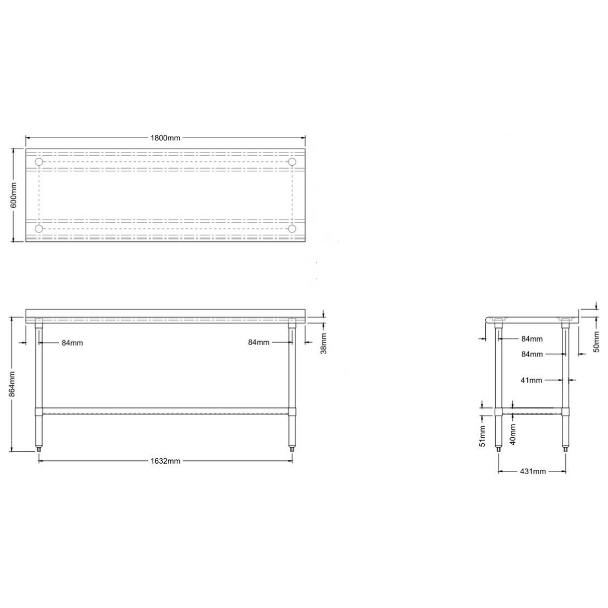 Commercial Work Table Stainless Steel Rear Upstand Bottom Shelf 1800x600x900mm | Wtg600 X180050 R