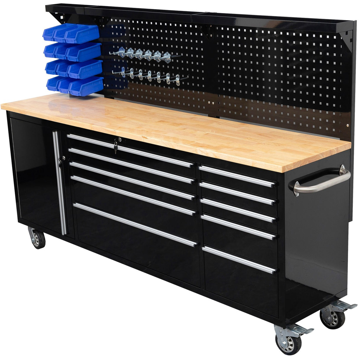 Heavy Duty Steel Rolling Tool Chest With Wooden Worktop &Amp; Pegboard Back Panel 10 Drawers 1 Side Cabinet 2284x485x1448mm Black | Yzm102