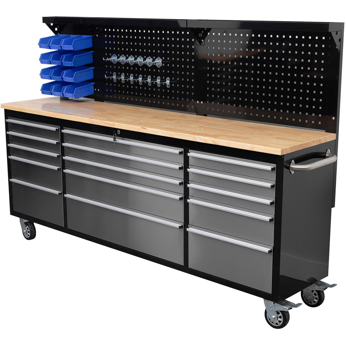 Heavy Duty Steel Rolling Tool Chest With Wooden Worktop &Amp; Pegboard Back Panel 15 Drawers 2284x485x1448mm Black &Amp; Silver | Yzm104