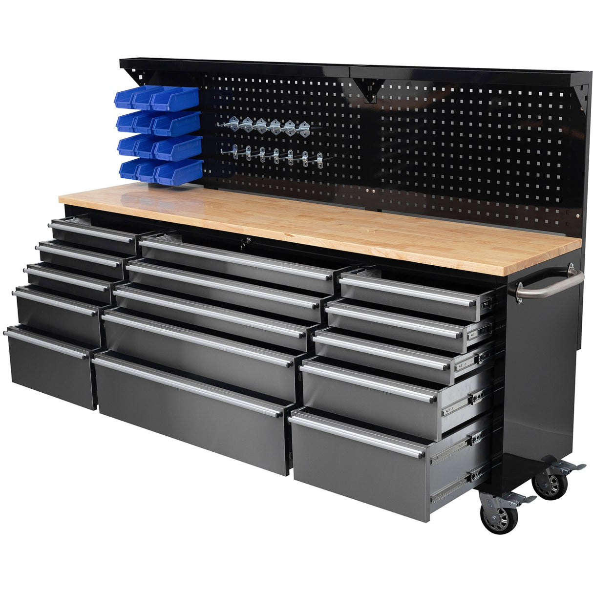 Heavy Duty Steel Rolling Tool Chest With Wooden Worktop &Amp; Pegboard Back Panel 15 Drawers 2284x485x1448mm Black &Amp; Silver | Yzm104