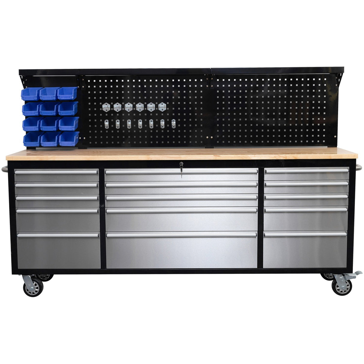 Heavy Duty Steel Rolling Tool Chest With Wooden Worktop &Amp; Pegboard Back Panel 15 Drawers 2284x485x1448mm Black &Amp; Silver | Yzm104