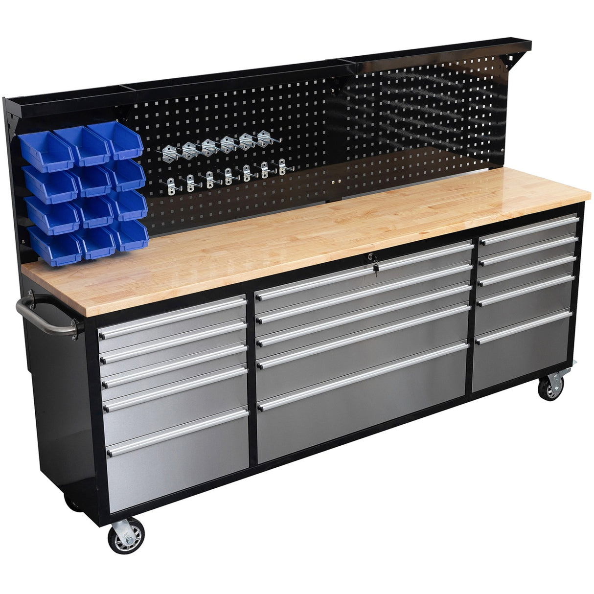 Heavy Duty Steel Rolling Tool Chest With Wooden Worktop &Amp; Pegboard Back Panel 15 Drawers 2284x485x1448mm Black &Amp; Silver | Yzm104