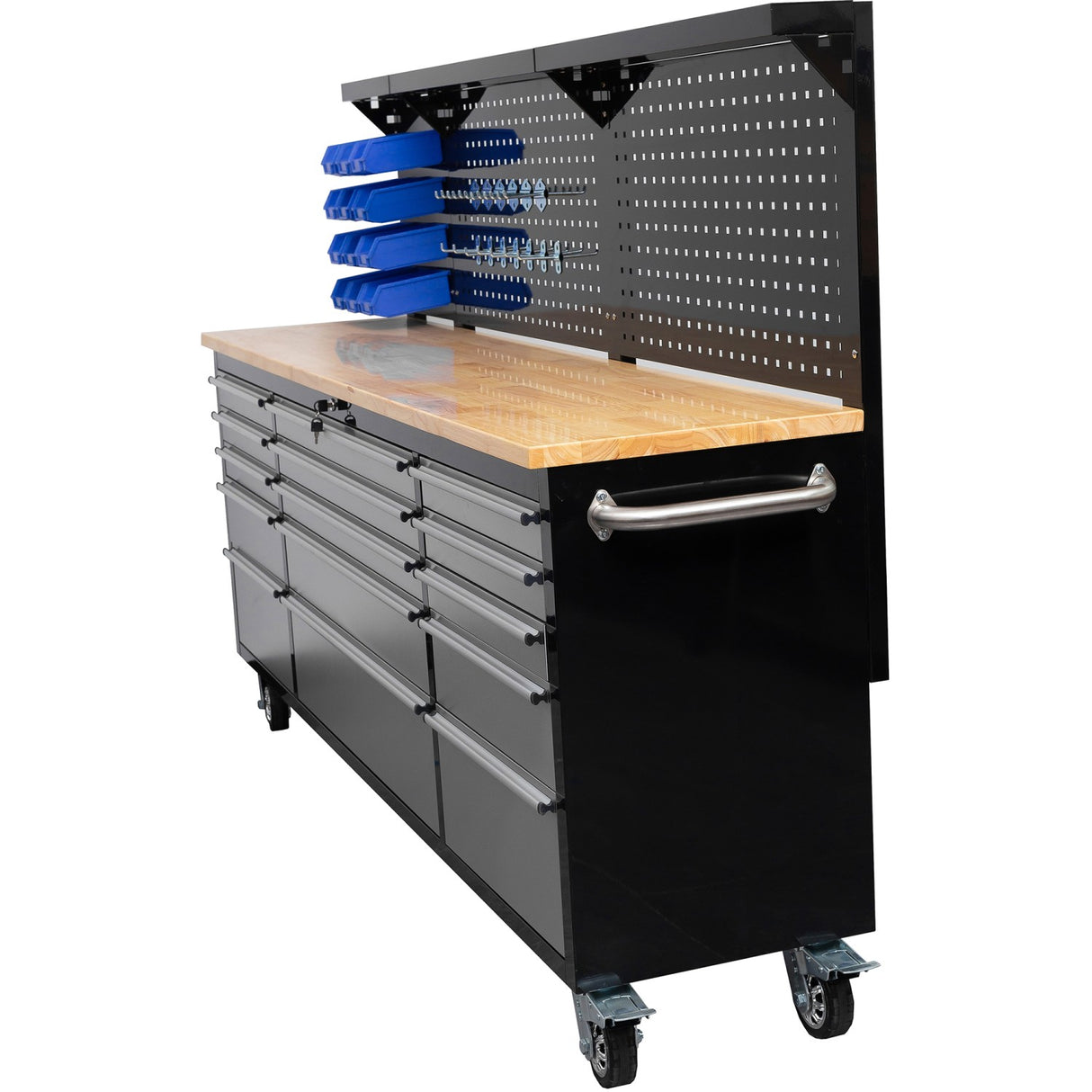 Heavy Duty Steel Rolling Tool Chest With Wooden Worktop &Amp; Pegboard Back Panel 15 Drawers 2284x485x1448mm Black &Amp; Silver | Yzm104