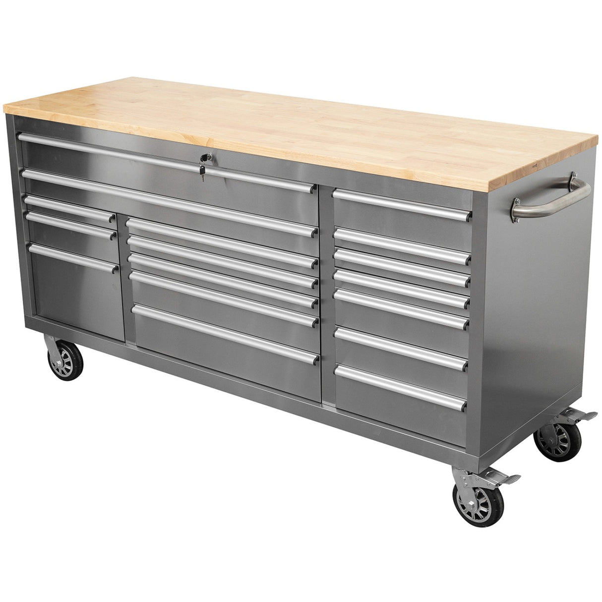 Widebody Heavy Duty Stainless Steel Rolling Tool Chest With Wooden Worktop 17 Drawers 1978x610x1000mm Silver | Yzm106