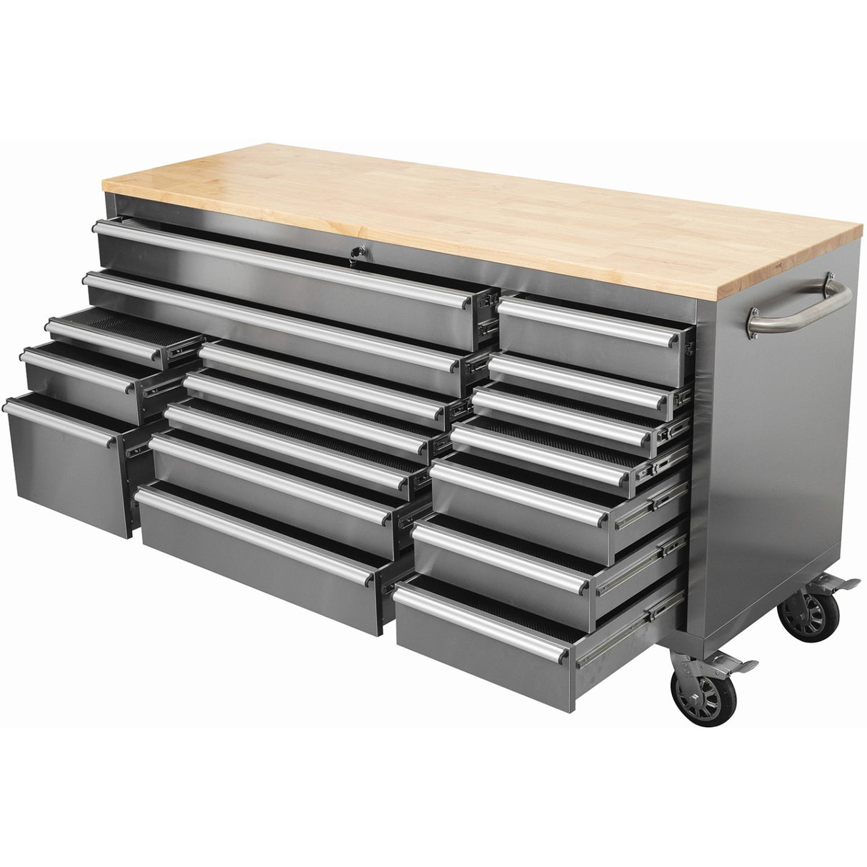 Widebody Heavy Duty Stainless Steel Rolling Tool Chest With Wooden Worktop 17 Drawers 1978x610x1000mm Silver | Yzm106